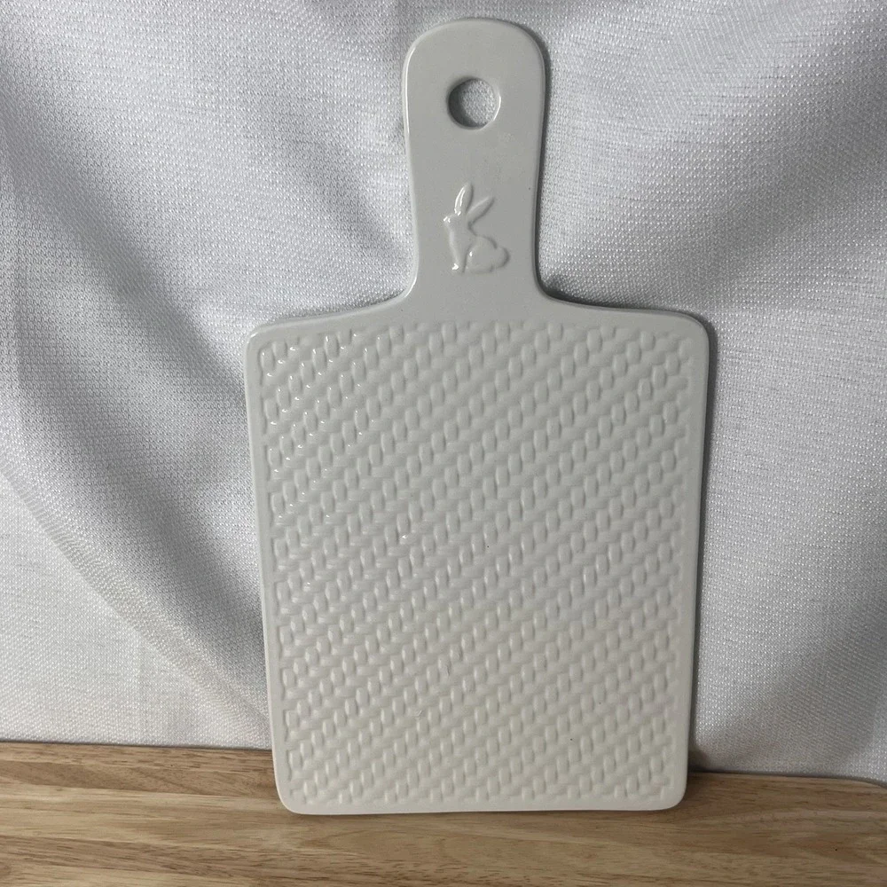 Ceramic white serving/ cutting/charcuterie board- made bunny and woven design